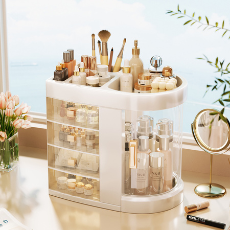 Organizer Maya clear szkatułka na kosmetyki i biżuterię 4 szufladki obrotowa pokrywa elegancki design