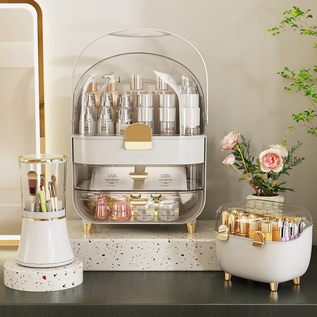 Duży zestaw 3 organizerów kosmetycznych ARIA z akrylu z szufladami wielopoziomowy biały design