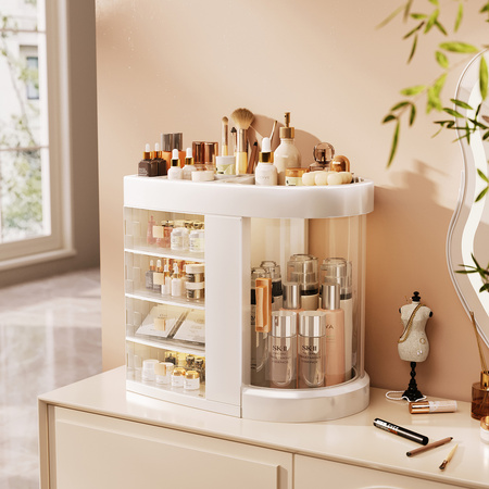 Organizer Maya clear szkatułka na kosmetyki i biżuterię 4 szufladki obrotowa pokrywa elegancki design