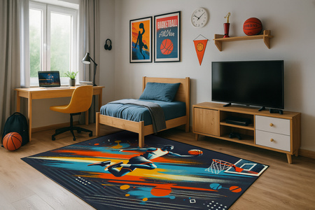 Dywan gamingowy 3D Strado BasketBall 140x200 cm nowoczesny z motywem sportowym do pokoju młodzieżowego