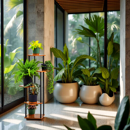 Kwietnik stojący metalowy PALACE – czarny stojak na 5 donic